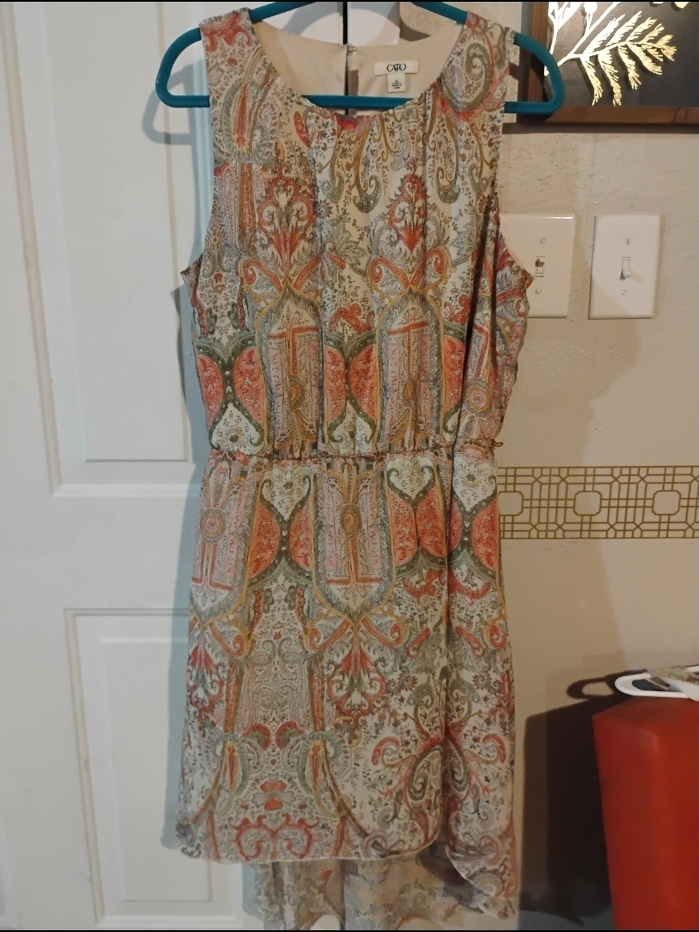 Cato Paisley Sleeveless High-Low Dress in Beige and Coral